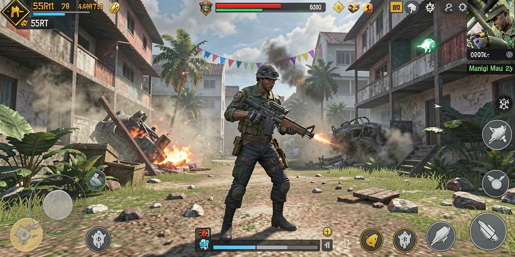 Screenshot gameplay 55RT dengan aksi pertempuran yang dinamis.