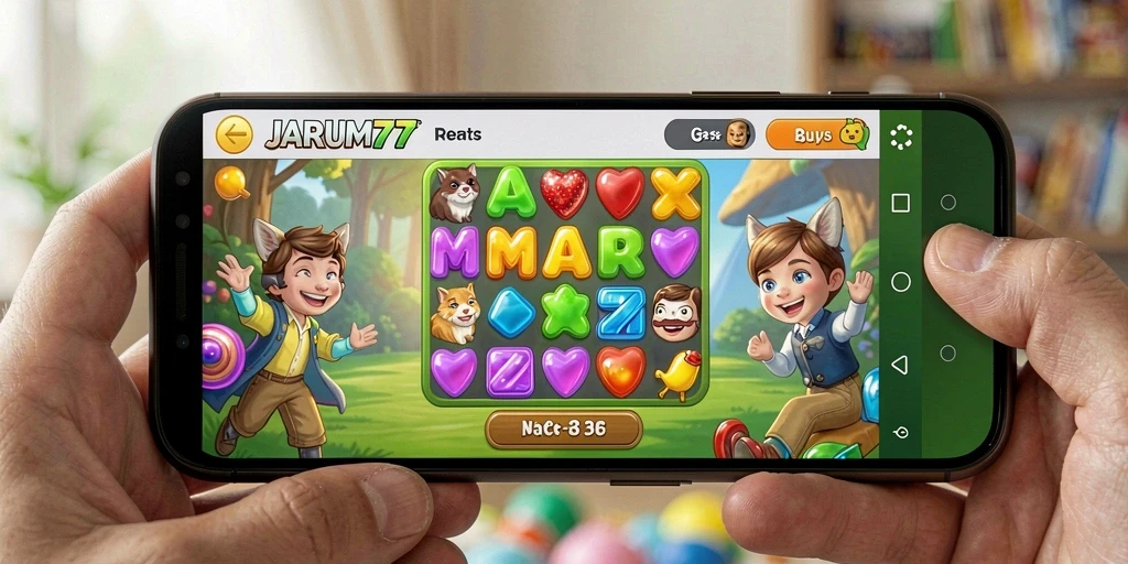 Screenshot JARUM77 menunjukkan gameplay Match-3 yang seru dan penuh warna.