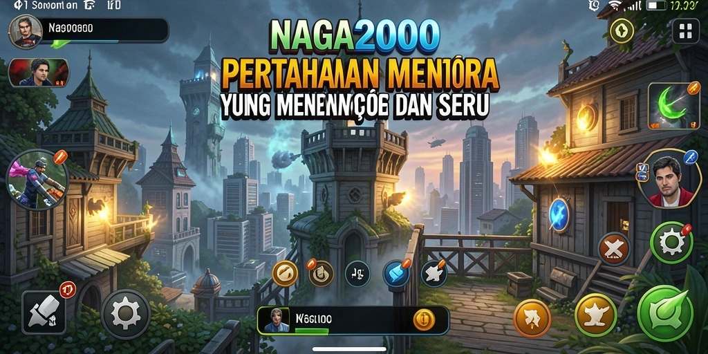 Screenshot gameplay NAGA2000 menampilkan menara pertahanan yang epik.