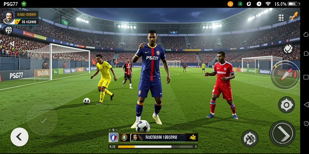 Tangkapan layar gameplay <strong>PSG77</strong> menunjukkan aksi seru di lapangan sepak bola.